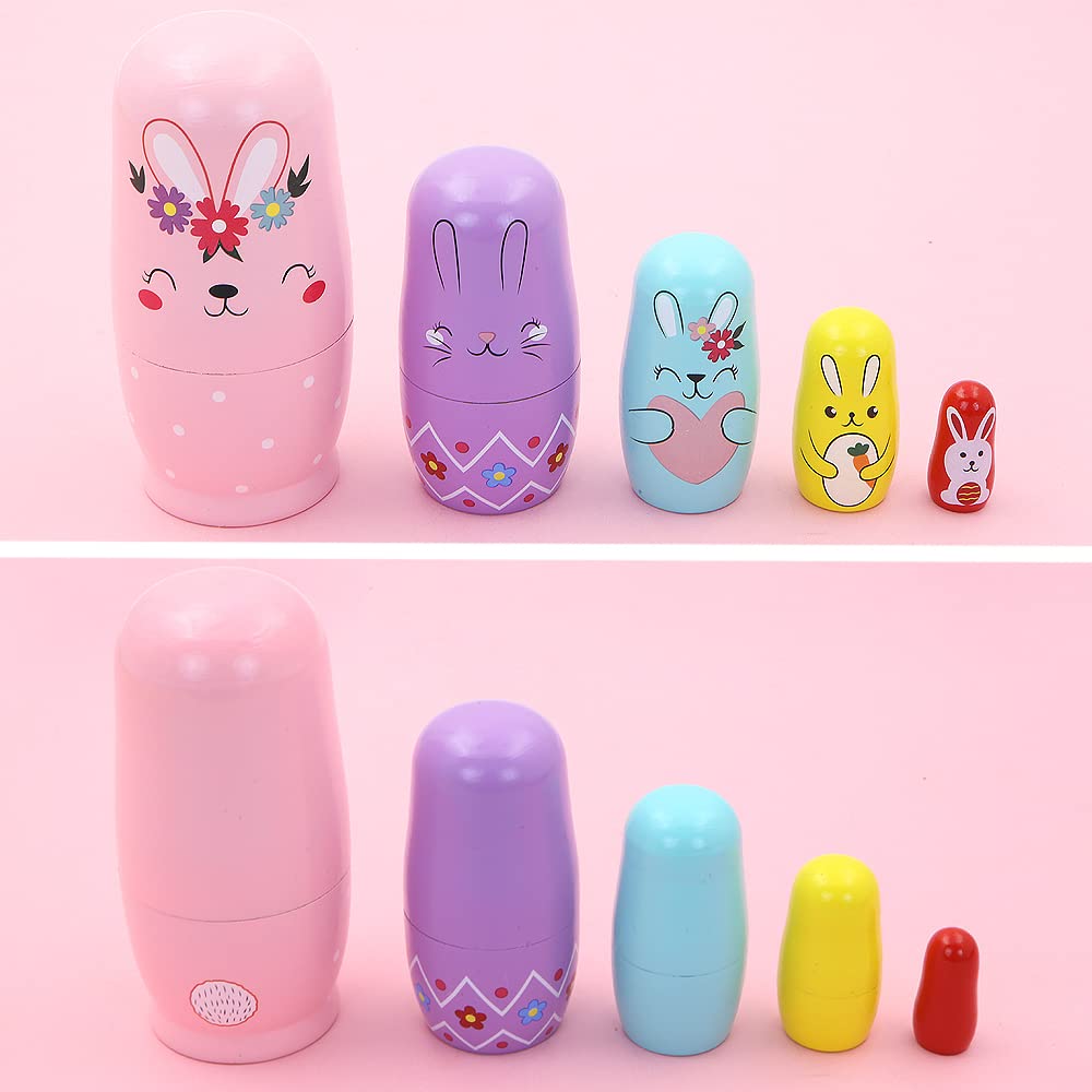 Lot de 5 poupées gigognes de Lapin en Bois, Lapin Animal de Dessin animé avec Carotte matriochka poupées Russes Jouet empilable pour Enfants Cadeau d'anniversaire Pâques