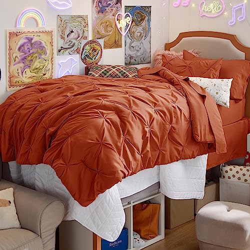 Image of Bedsure Twin Comforter Sets Burnt Orange - Bed in a Bag Twin Size Bedding 5 Pieces, GentleSoft Pintuck Bed Set Gift for Family, All Season Down Alternative Comforter with Sheets, Pillowcase & Sham