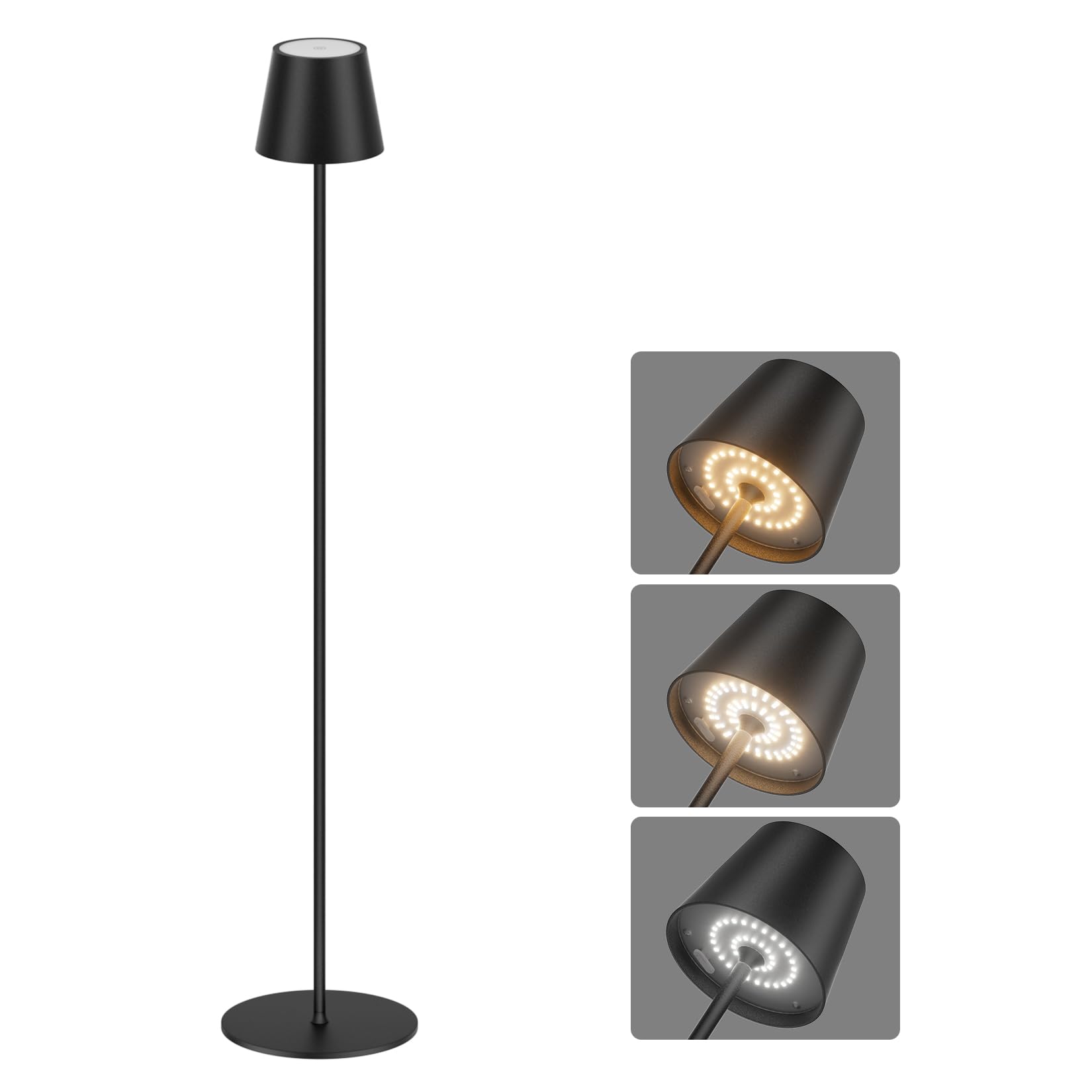 LED kabellose Akku Stehlampe, 3000K-6000K dimmbare Stehleuchte, aufladbare outdoor Stehlampe, Touch Control für Innen & Außen, Wohnzimmer, Balkon, etc. Schwarz
