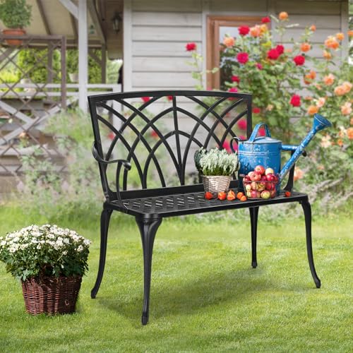 Image of VINGLI 38 inch Outdoor Metal Bench, Cast Aluminium Garden Bench, Weatherproof Antique Finish Orchid Chair, 1-2 Person Seat Deck Furniture for Porch Entryway Patio (Black)
