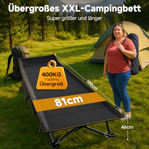 ZIKEBTUY Sonnenliege Klappbett 198x81cm Campingbett Gästebett klappbar liegestuhl 200KG Lastlager Gartenliege Mit Matratze Seitentasche und Kopfstütze Feldbett für In-Outdoor Garten Camping (Schwarz)
