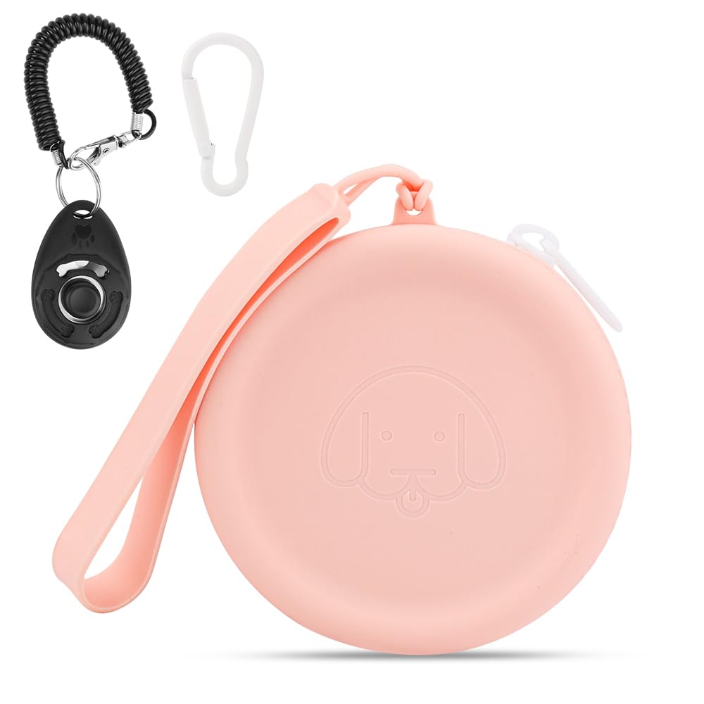 FIDWALL Bolsa de Silicona para golosinas para Perros,con clicker para Perros,Caminar para Mascotas para Perros y Gatos,tamaño de Bolsillo,fácil de Limpiar,diseño de Cremallera(Rosa)
