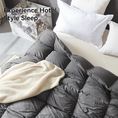Image of L LOVSOUL Goose Feather Down Fiber Comforter Full Size, 100% Organic Cotton Fabric Duvet Insert,1200TC,750+FP, Hotel Collection, Heavyweight Grey with 8 Tabs,86X82IN