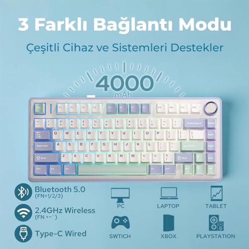 Image of AULA F75 75% Wireless Mechanical Keyboard | Hot Swappable | Pre-lubed Linear Switches | RGB Backlit | 2.4GHz /Type-C /Bluetooth Gaming Keyboard (Cedar Green, Ice Vein Switch)