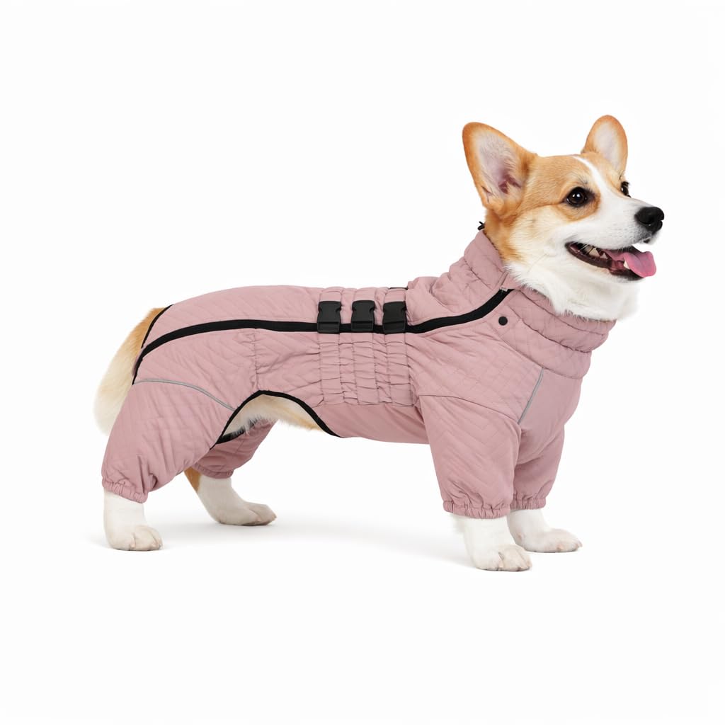 Warm Double Layers Dog Vest - 4 Legs Covered Windproof Waterproof Reflective Coat for Outdoor Skating - Costume for Corgis Dachshund - Lotus Pink D-M โ image 1