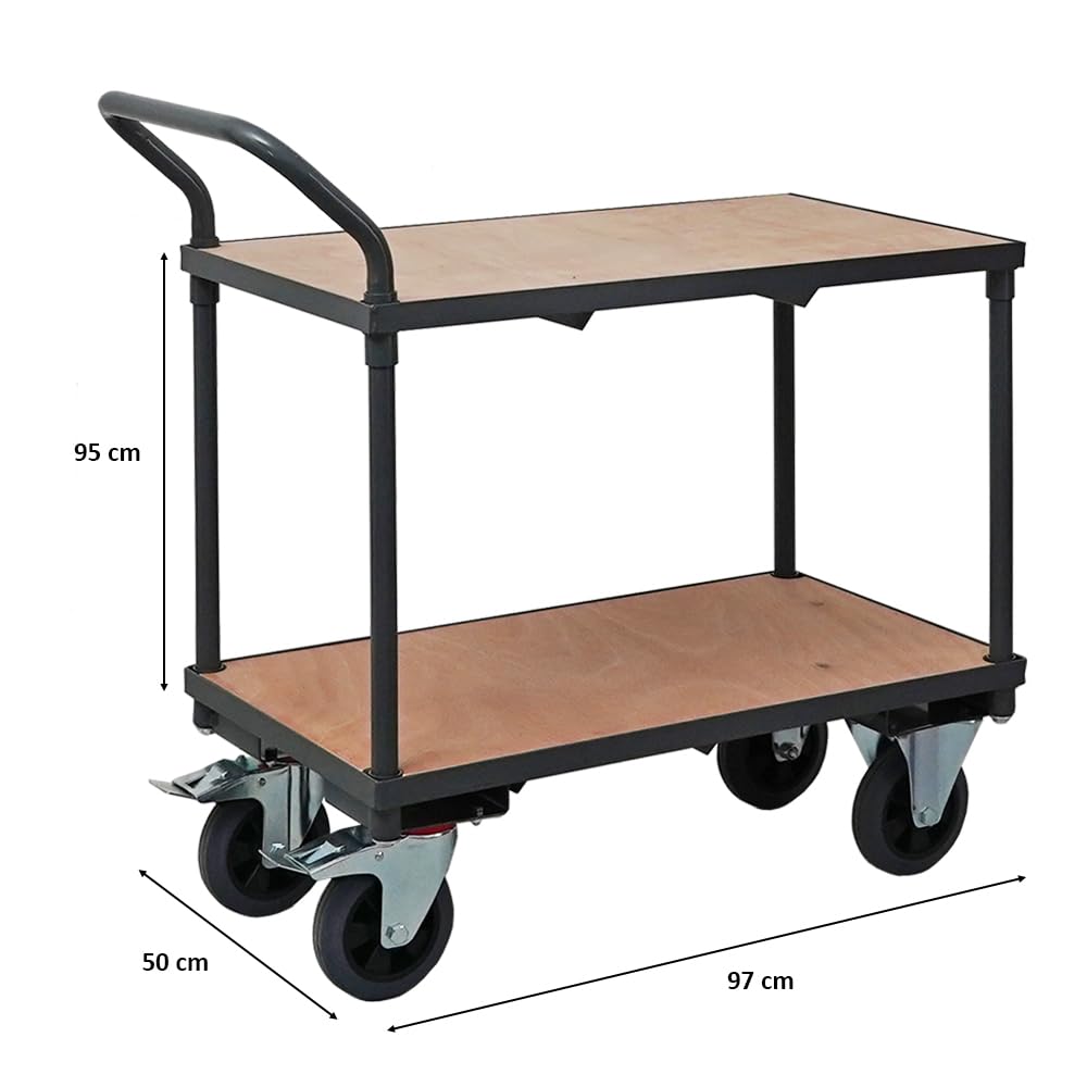 PROREGAL Tischwagen Transportwagen Handwagen Materialwagen Pro mit 2 Etagen | HxBxT 95x50x97cm | Traglast 400kg | Grau