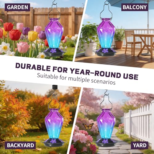 Image of 2 Pack Glass Hummingbird Feeder for Outdoors Hanging, 25Oz Humming Bird Nectar Feeder, Perch, 5 Flower Feeding Ports, Leak Proof Base, Hook for Outside Garden Backyard, Diamond Purple