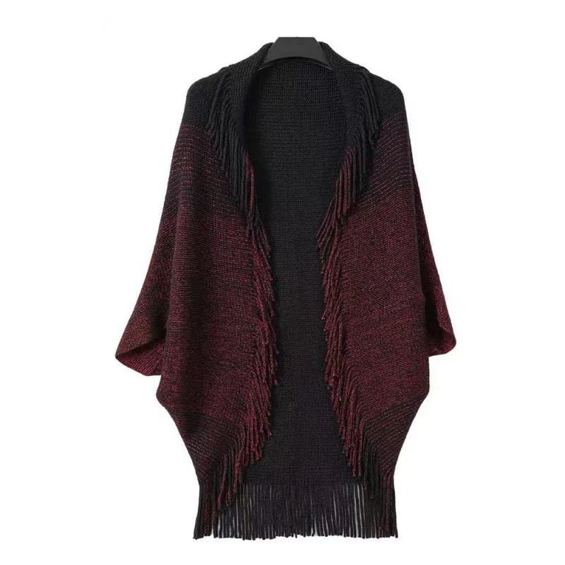 Classic Soft Knit Poncho Shawl Wrap - Winter Warm Fringe Tassel Colorblock Sweater Cape, V-Neck Stripe Pullover