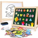 Wooden Art Easel Magnetic Whiteboard and Chalkboard Tabletop Drawing Board for Kids with Magnetic...