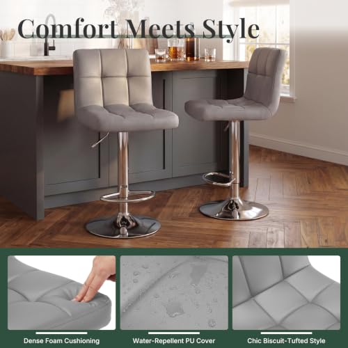 Image of DUMOS Bar Stools Set of 2, 24 inch Counter Height Bar Chairs, Upholstered Modern Kitchen Barstools with Metal Base, PU Leather Saddle Stools for Kitchen Island, Grey