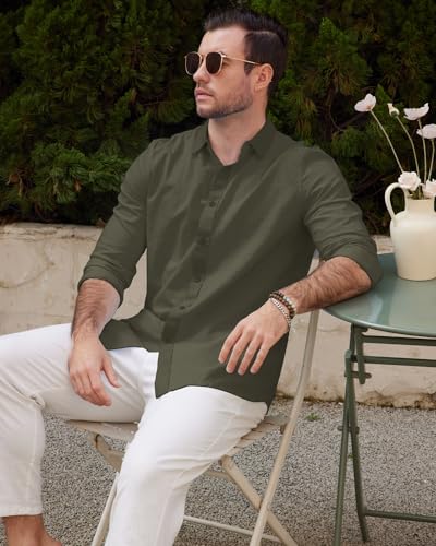 Friptspyg Leinenhemd Herren Hemd Langarm Baumwolle Leinen Hemden Button-Down Freizeithemden Casual Regular Fit Sommerhemd, Olivgrün M 3