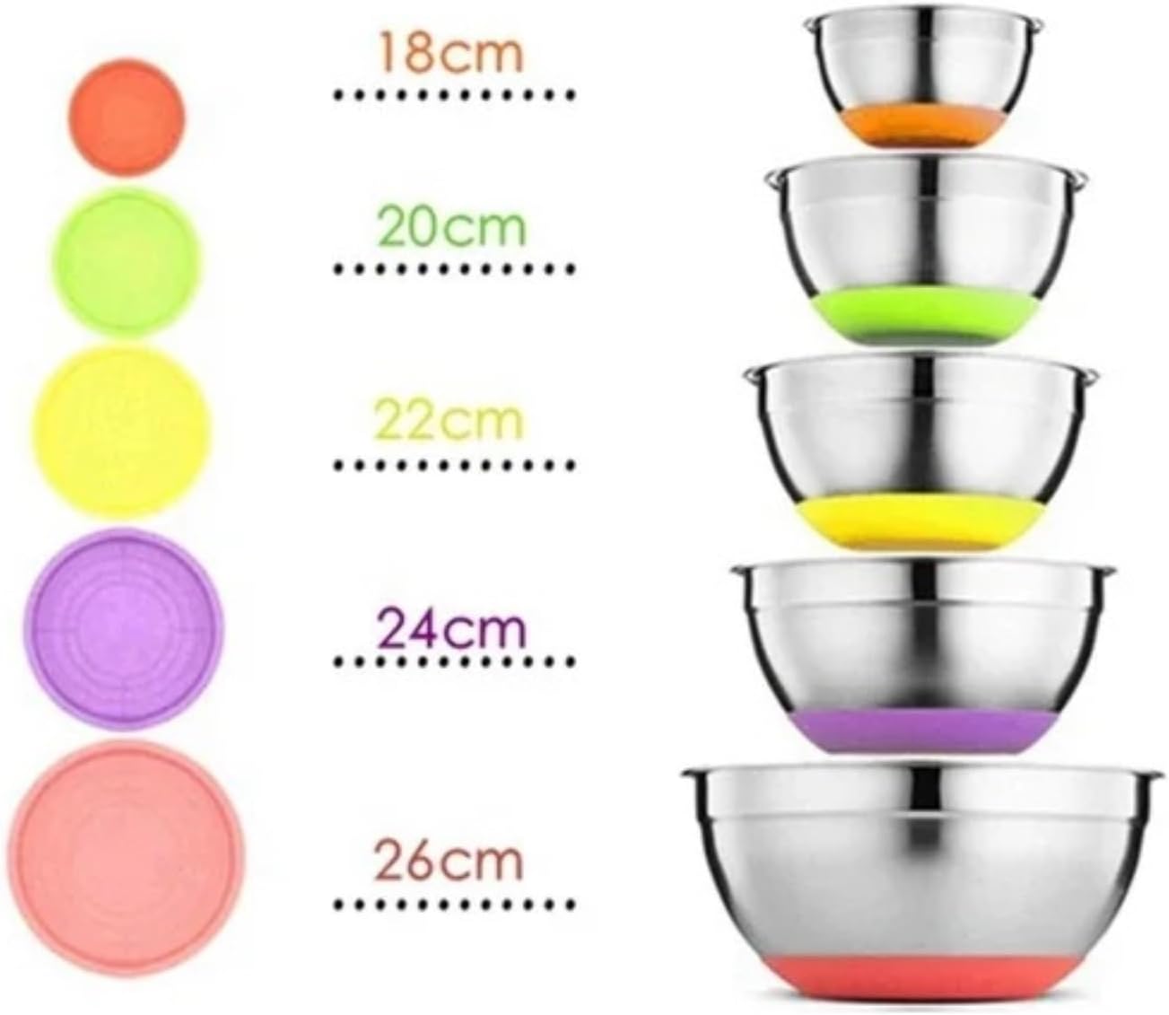 5 Pieces (18-20-22-24-26cm Set) Colorful Stainless Steel Mixing Bowls with Airtight Lids Metal Nesting Bowls with Non-Slip Bottom Salad Bowls for Cooking Baking