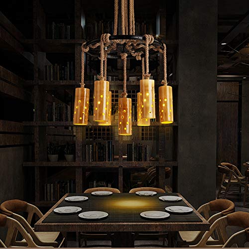 Lustre LED 7 sources lumineuses plafonnier durable en fer et bambou - 8