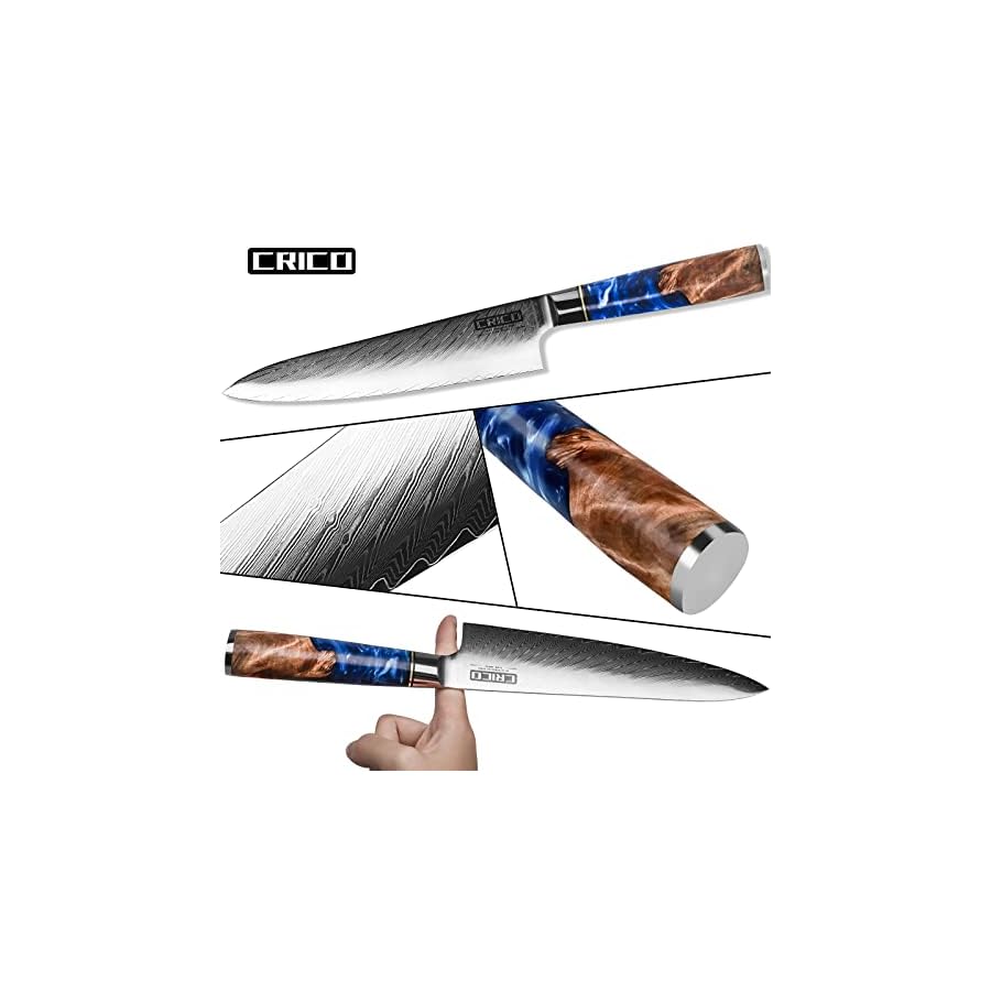 CRICO-Damascus-Chef-Knife-8-inch-Professional-Kitchen-Knives-with-Sheath-Forged-Japanese-VG10-67-Layers-Super-Steel-Stable-WoodResin-Handle-Razor-Sharp-Gift-Box-Flow-Series CRICO Damascus Chef Knife 8 inch, Professional Kitchen Knives with Sheath, Forged Japanese VG10 67-Layers Super Steel, Stable-Wood&Resin Handle, Razor Sharp, Gift Box - Flow Series