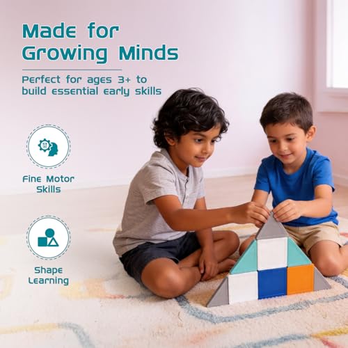 Image of Amazon Brand - Jam & Honey Magnetic Tiles Building Blocks for Kids | 10 Pcs Pro Solid Opaque Set | STEM Learning & Creative Construction Toy | Brain Development & Educational Play | Durable MABS Plastic with Strong Magnets | Ages 3+ Years | Multicolour | Product Dimensions: 17 x 16 x 4 cm