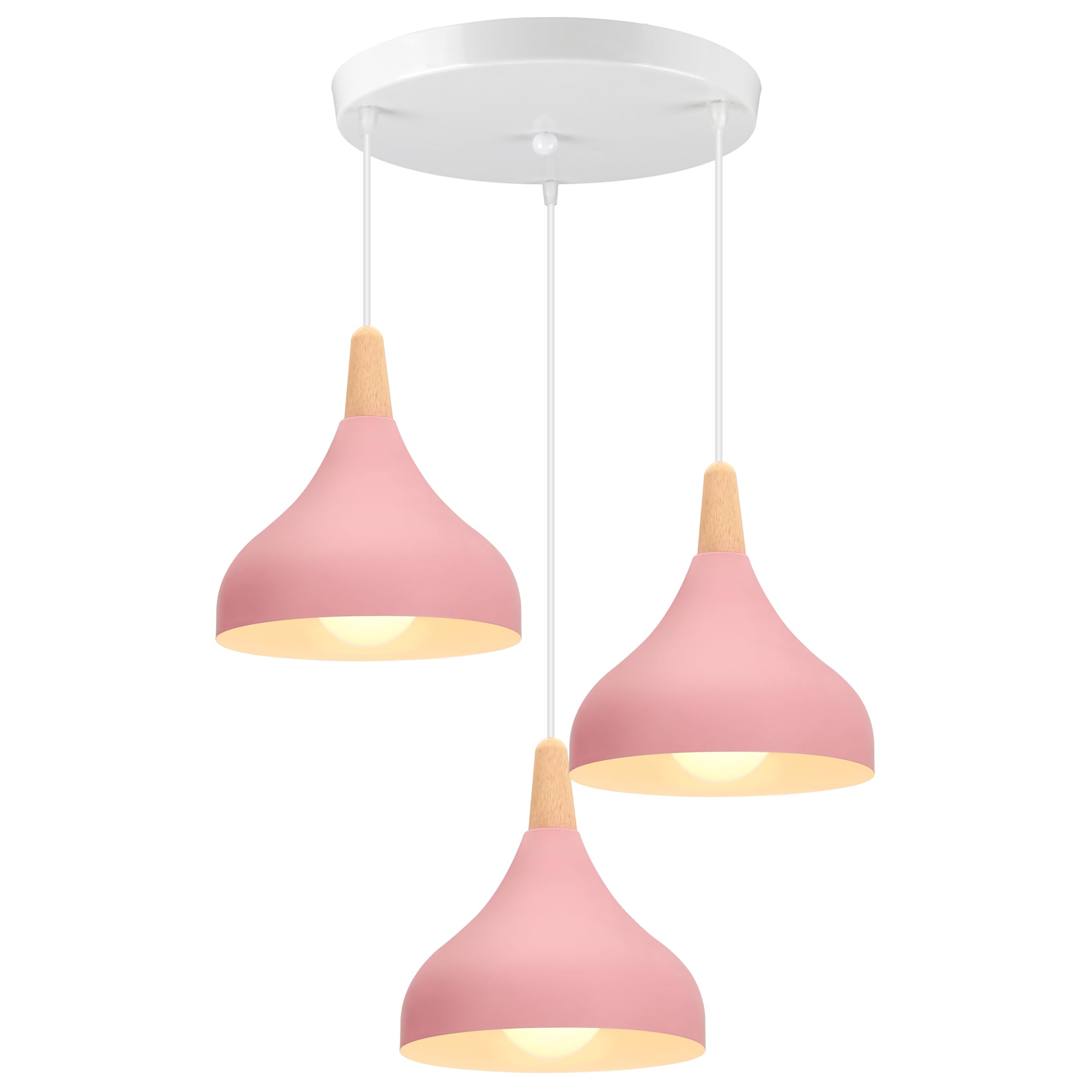 iDEGU Chandelier Pendant Light Retro 3 Lamps Modern Style Drop Hat Ceiling Light E27 Metal Wood Ceiling Lamp for Bedroom Dining Room Kitchen Diameter 20 cm (Pink, Round)