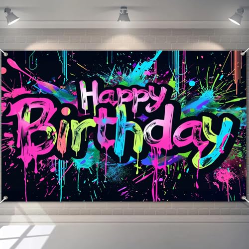Image of HOMETITUTE Neon Happy Birthday Banner 120x84 inch Photography Backdrops Party Background Decorations Colorful Graffiti Splash Paint KidsBirthday Supplies Glow in The Dark
