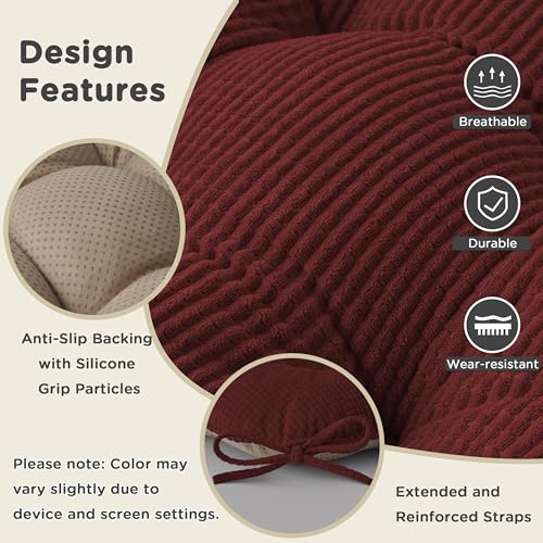 Image of AddGrace Dining Chair Cushions Set of 2 Non-Slip 18 inchx16 inchx3 inch Burgundy | with Ties, Textured Fabric, for Kithchen, Dining Room, Restaurant, Indoor Furniture, Wood Chairs, Long Meals, Soft, Comfy