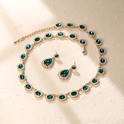 Crysdue Bridal Wedding Jewelry for Women Oval Teardrop Rhinestone Crystal Collar Necklace Pierced Dangle Earrings Set for Prom Party4