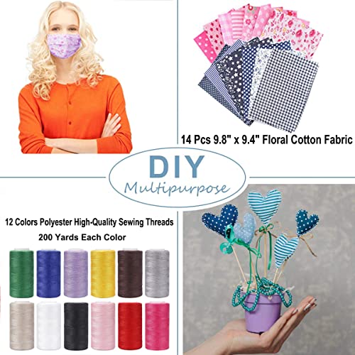 Dechow Sewing Machine For Beginners, Electric Mini Portable, 12 Built-In Stitches With Reverse Sewing, 2 Speeds Double Thread With Foot Pedal, 14 Pcs Floral Cotton Fabric, 12 Colors Of Polyester Sewing Threads Set 200 Yards Each(Purple) #TOP4