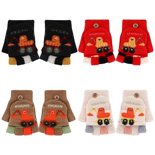 Jupsk 4 Pairs Kids Gloves Winter Knit Fleece Fingerless Gloves Convertible Magic Gloves Stretch Warm Mittens for Children Boys Girls, Unisex, 4-7 Years Old