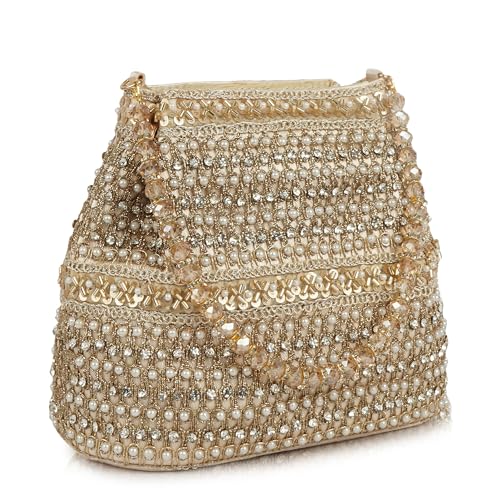 Image of Nevis Silk Fabric Premium Pearl & Crystal Embroidered Potli Bag for Women | Ethnic Bridal Clutch with Golden Handle | Party & Wedding | Potli Bag