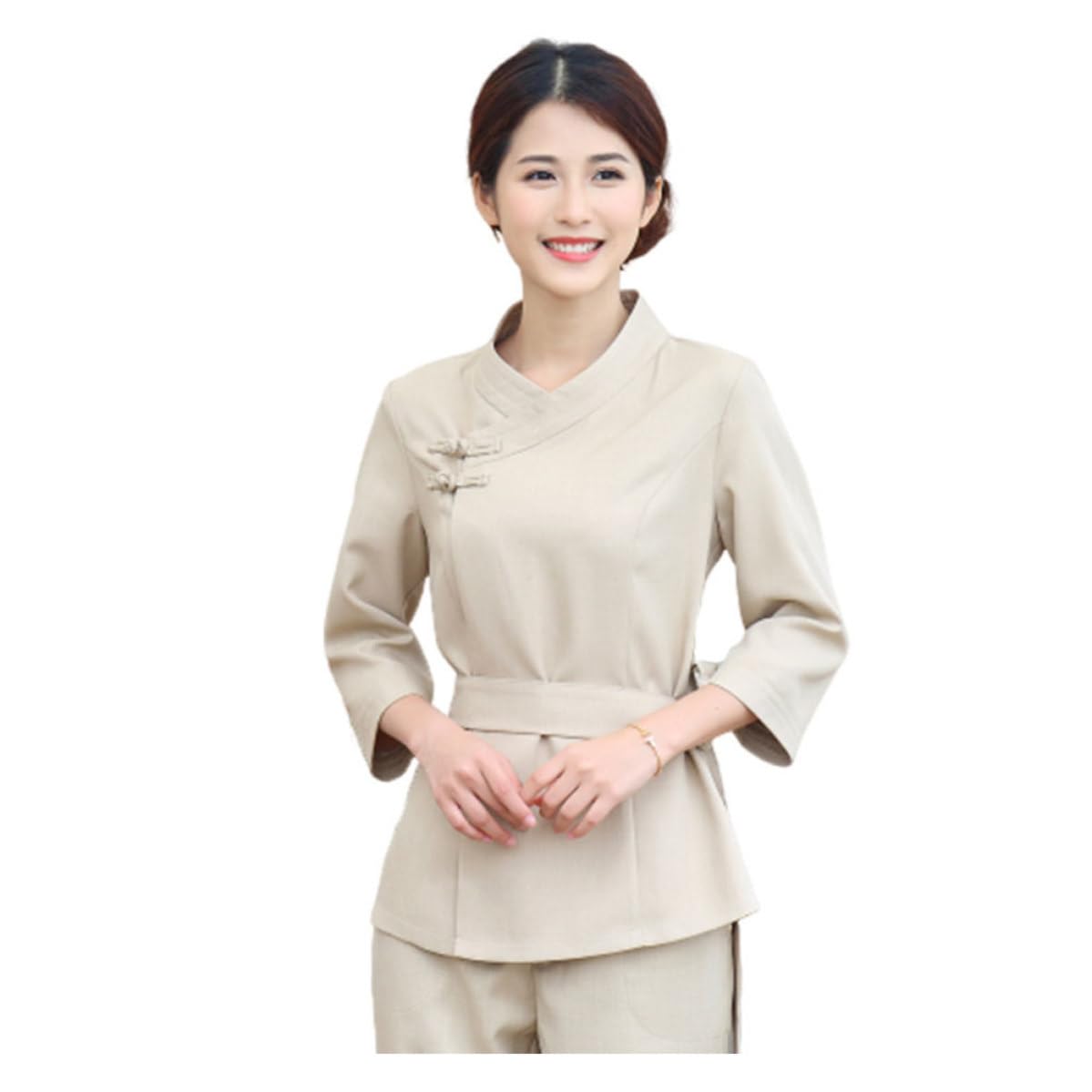Hemobllo 1set Tuta Tecnico Bellezza Beige per Spa e Salone Abbigliamento Lavoro Estetista Regolabile con Collo Classico e Vita Fascia Leggera e Pieghevole per Uso Professionale
