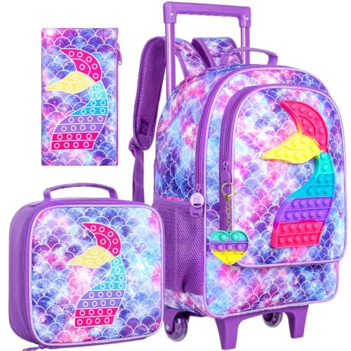 Image of CCJPX 3Pcs Mermiad Roller Backpack for Girls, Kids Rolling Wheeled Bookbag Toddler Elementary School Bag with Wheels - Purple