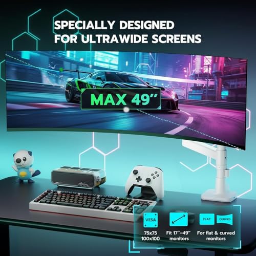 Image of ARES WING Ultrawide Single Monitor Arm White with USB A /C, Tall Heavy Duty Monitor Arm for 17 to 49 inch Screen, Holds 44 lbs, Adjustable Gas Spring Desk Mount