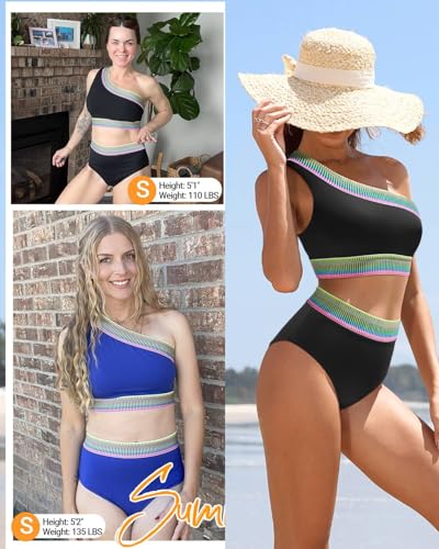 Tempt Me Women High Waisted Bikini Set - One Shoulder Two Piece Swimsuits Color Block Bathing Suits with Swimwear Bottom3