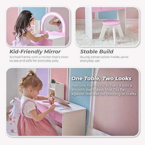 Image of Teamson Kids Rose Shine Play Vanity Set, White /Pink, Ages 3+ | Built-in LED Strip Lights, Touch Sensor Mirror, 2-in-1 Vanity & Desk, Modern Pretend Makeup Table, Includes Stool