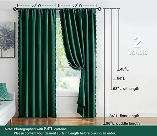 Image of Treatmentex Green Blackout Curtains for Bedroom 84 inch Pom Pom Windows Drapes Cute Decorative Triple Weave Thermal Insulated Curtain Drapes for Nursery Room Studio Hotel 52 inch w x2 Panels Rod Pocket