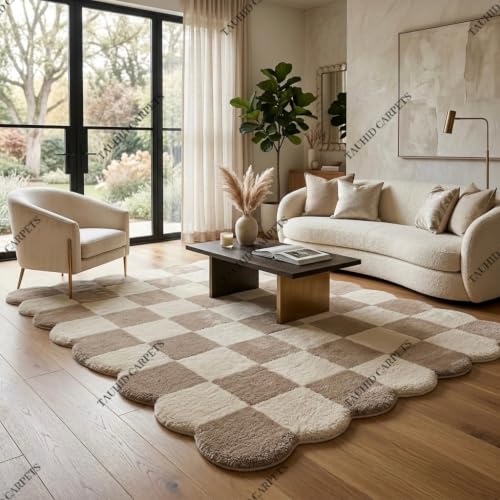 Image of Tauhid Carpet Handwoven Shaggy Rug, Super Soft Microfiber Checkered Carpet for Living Room, Bedroom & Hall Beige Cream 2x5 Feet Runner.