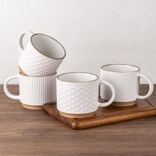 GBhome 15OZ Stackable Coffee Mugs, Ceramic Coffee Mugs with Texture Patterns for Man,Woman,Dad,Mom, Modern Coffee Mugs Set of 4 for Latte/Cappuccino/Cocoa. Dishwasher&Microwave Safe, Off White