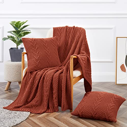Image of Aormenzy Knitted Throw Blanket (50" x 60") and 2 Pillow Covers (18" x 18"), 3 Piece Rust Throw Blanket Set, Decorative Throw Blankets for Couch Sofa Bed Living Room