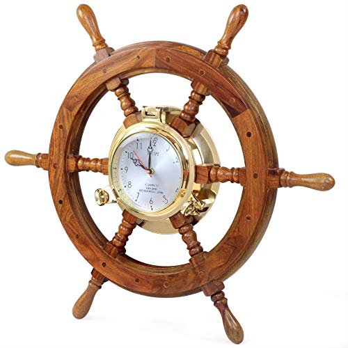 Nagina International Nautical Solid Wood Captain' Vintage Decor Ship Wheel with Time Clock Captain