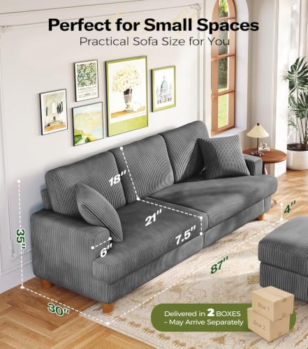 Image of Kidirect 87in Corduroy Couch, 3 Seater Sofa, Sofas & Couches, Grey Couch