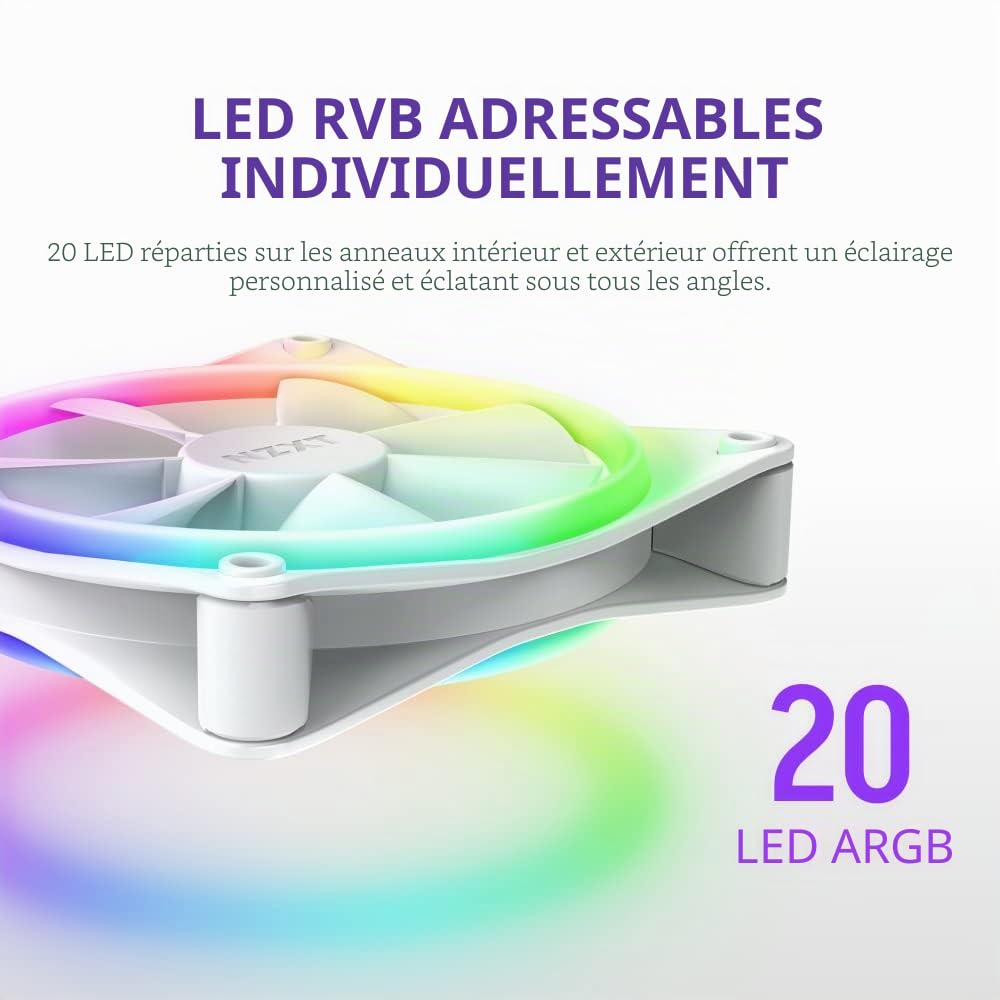 NZXT F120 RGB Duo - Ventilateur RGB Double Face 120mm - 20 LEDs Adressables Individuellement - Flux d'air équilibré et pression statique - Roulement dynamique fluide - Contrôle PWM - Coins en