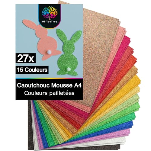 OfficeTree 27 Feuille Mousse Pailletée A4 2mm - 15 Couleurs - Non Autocollant - Papier Mousse Pailleté Loisir Creatif pour le Bricolage - Papier Pailleté...