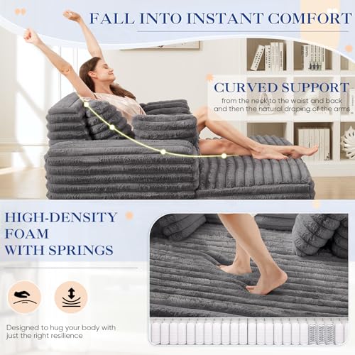 Oversized Chaise Lounge Indoor, Modern Plush Corduroy Fabric Deep Seat Boneless Memory Foam Sleeper Chaise Lounge Sofa Chair with Pillows for Living Room Bedroom Studio, No Assembly Couch, Grey - Thumbnail 5