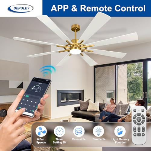 Image of Depuley 72-Inch Ceiling Fan with Light: Modern 8-Blade White and Gold Indoor Outdoor Fans with Remote App Control Dimmable Light - Ultra Quiet DC Motor Reversible 6 Speed Timer