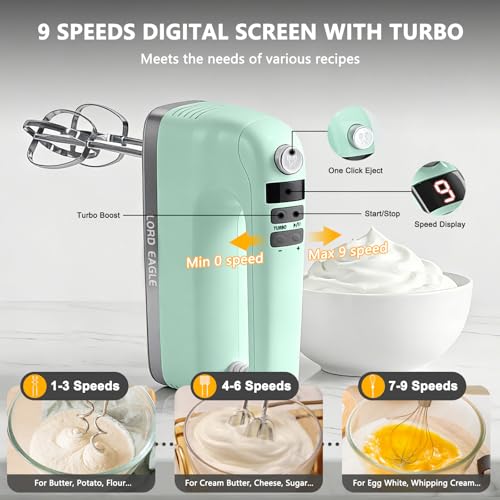 Image of Lord Eagle 9-Speed Digital Hand Mixer Electric Handheld, 500W DC Motor Kitchen Mixer for Cake Baking, Lightweight Egg Beaters with Stain-resistant & Waterproof Storage Bag & 6 Accessories, Green