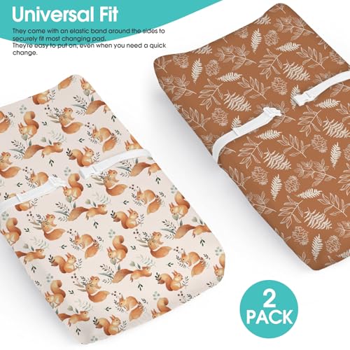 Image of BROLEX Changing Pad Covers for Baby: Boy Girls Ultra Stretchy Soft 2 Pack, Squirrel Foliage