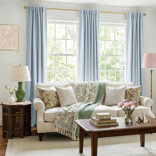Image of 100% Blackout Shield Chambray Blue Linen Blackout Curtains for Bedroom 84 Inches Long, Back Tab /Rod Pocket Living Room Drapes, Thermal Insulated Blackout Curtains 2 Panels Set, 50 inch W x 84 inch L