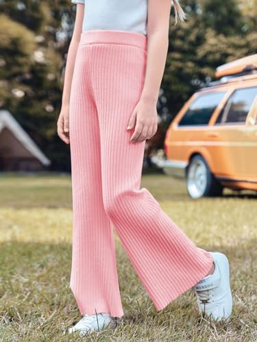 Image of Haloumoning Girls Solid Rib Knit Wide Leg Pants Elastic Waist Flowy Casual Sweater Pants 5-14 Years