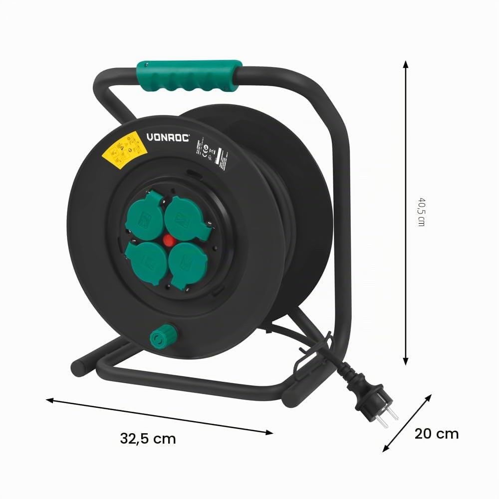 VONROC PRO Enrouleur de câble 25 m – IP44 – Câble en néoprène H07RN-F 3x1,5 mm² – 4 prises Schuko avec mise à la terre – 3000 W (déroulé) / 1100 W (enroulé) – Noyau fixe – Protection thermique