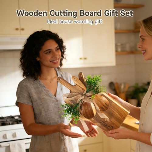 Juego de tabla de cortar de madera, tabla de picar y servir de madera maciza con cuchara y tenedor para ensalada, bandeja decorativa para cocina ideal como regalo para mudanza, boda o nuevo hogar miniatura 4