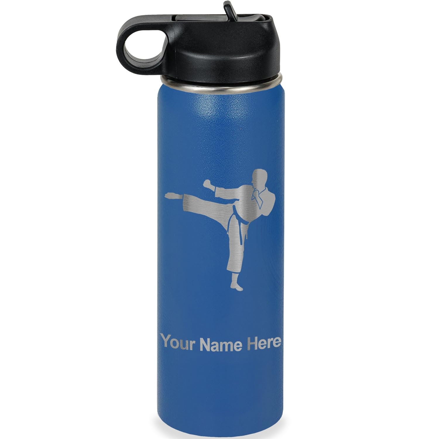 LaserGram Personalized Water Bottle, Karate Man, Stainless Steel Double Wall Vacuum Insulated with Flip Top Straw, Custom Engraved Gift (20oz / 590ml