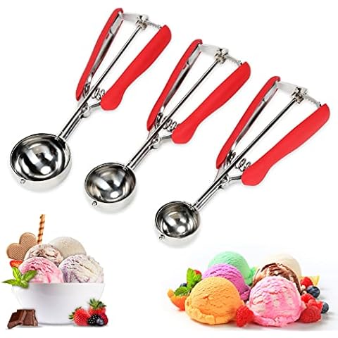 Yakimz Stainless Steel Ice Cream Scoop with Trigger, 3 Pieces Ice Ball Scoop, Comfortable for Ice Balls, Mashed Potatoes, Meatballs, Fruit, Dough, Scoop with Trigger Cover