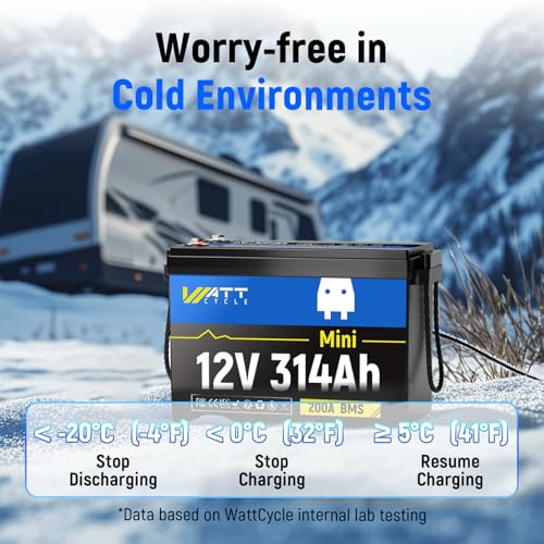 Image of WattCycle 12V 314Ah Mini LiFePO4 Lithium Battery, Upgraded Cooling Fins & Braided Wires, 200A BMS & 4.01kWh Energy, 4000+ Cycles, Ideal for RV, Marine, Camping, Solar Off-Grid